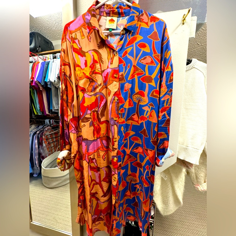 Farm Rio silk shirt dress with mushrooms and horses!